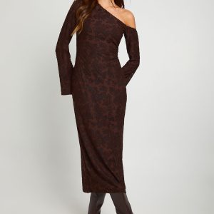 Burnout Floral Asymmetric Long Sleeve Midaxi Dress