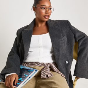 Plus Ribbed Button Through Scoop Neck Long Sleeve Top