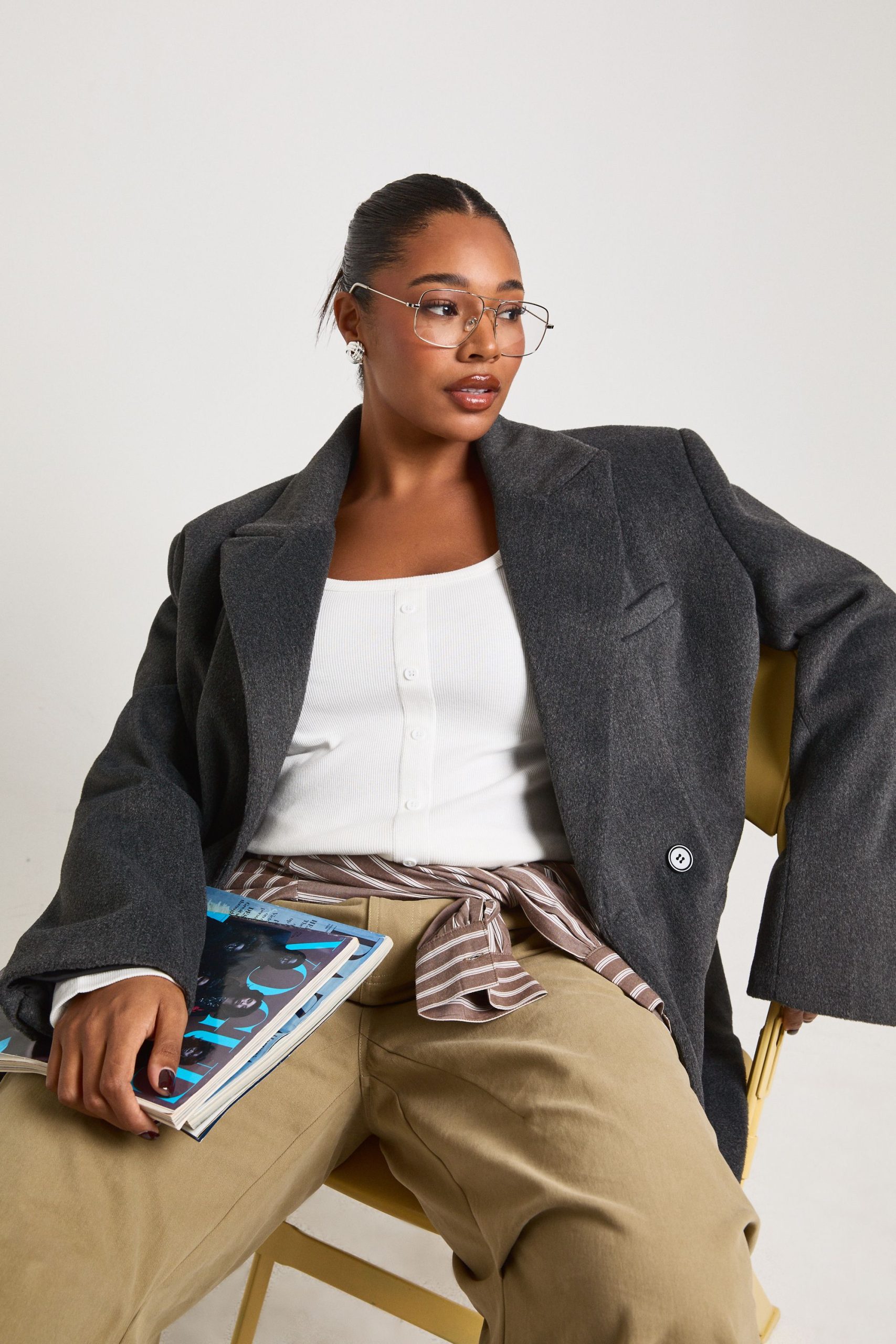 Plus Ribbed Button Through Scoop Neck Long Sleeve Top