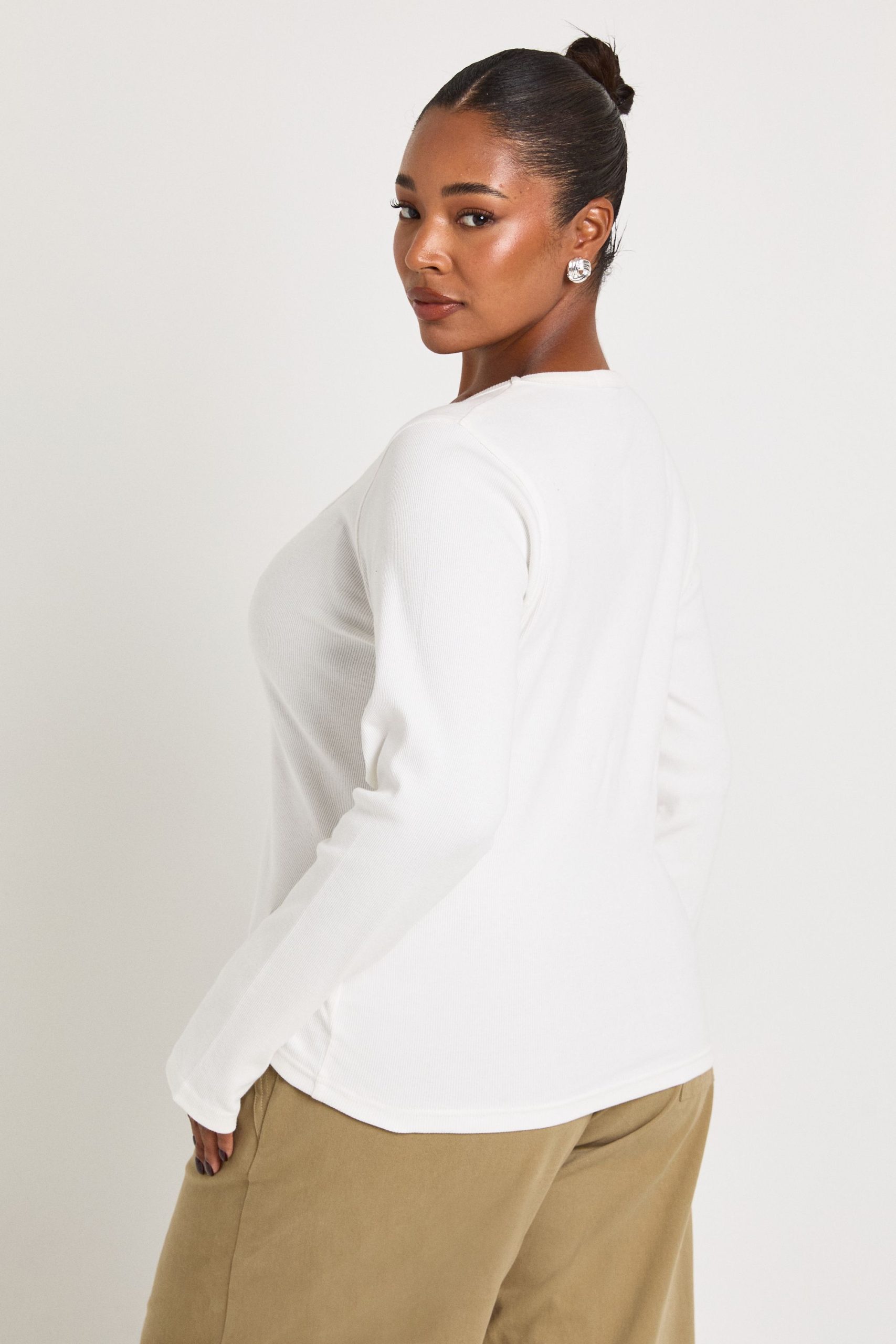Plus Ribbed Button Through Scoop Neck Long Sleeve Top - Image 2