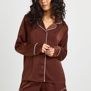 Satin Piping Detail Long Sleeve Shirt & Shorts Pyjama Set