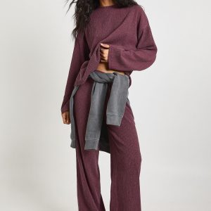 Textured Drawstring Waist Wide Leg Trouser