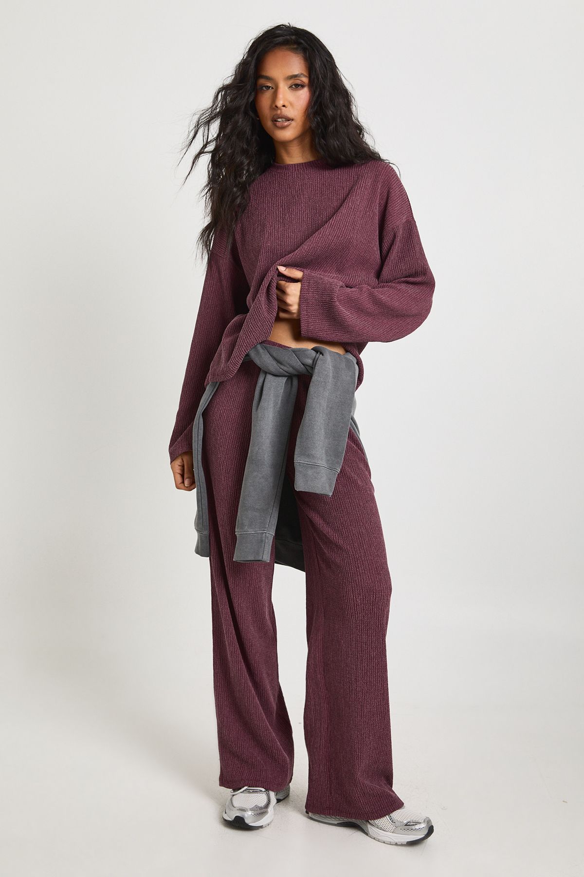 Textured Drawstring Waist Wide Leg Trouser