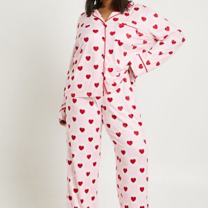 Plus Check and Heart Print Long Sleeve Shirt & Trouser Pyjama Set