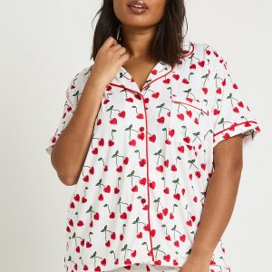 Plus Valentines Heart Cherry Print Short Sleeve Shirt & Short Pyjama Set