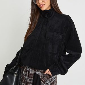 Funnel Neck Faux Suede Pocket Detail Jacket