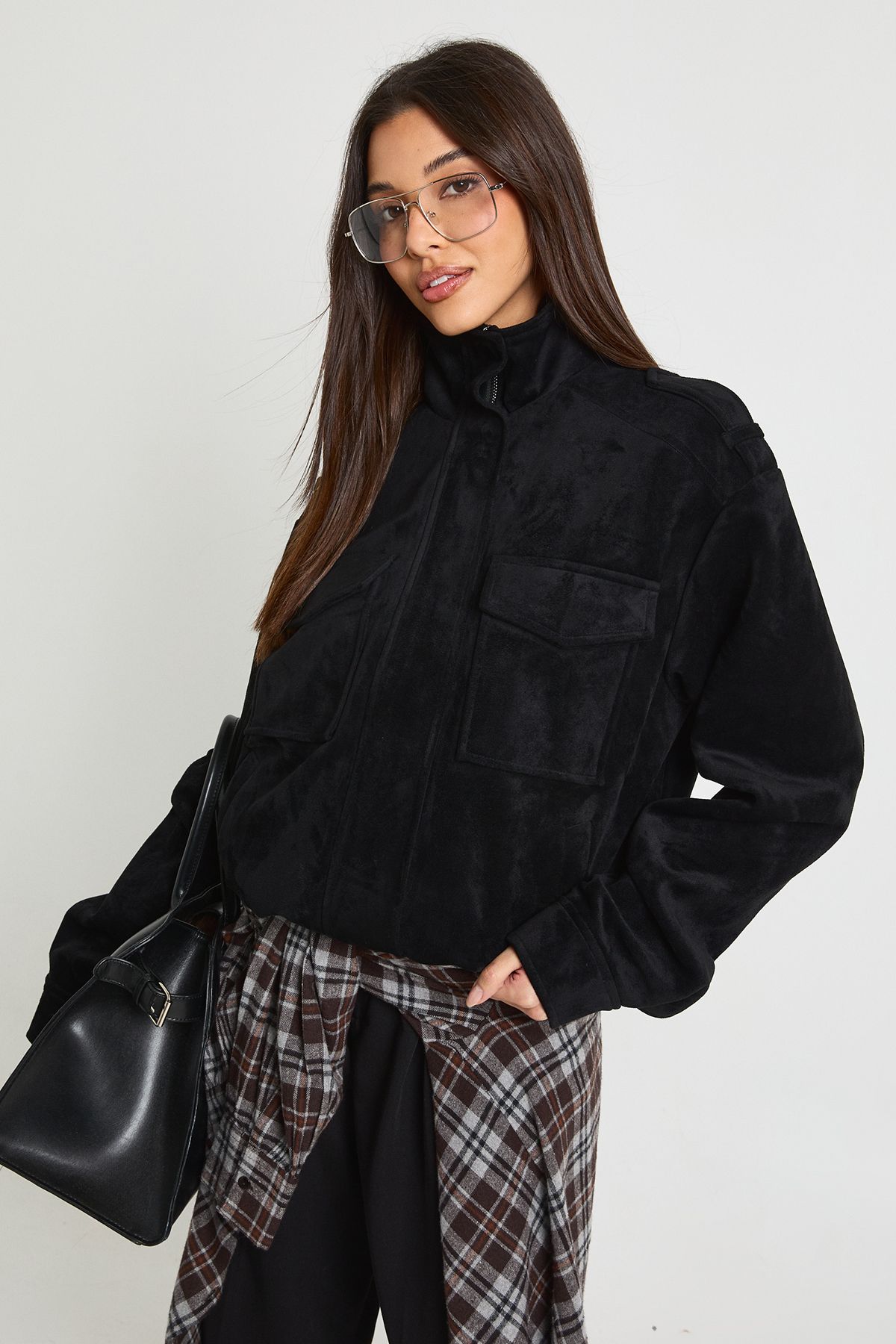Funnel Neck Faux Suede Pocket Detail Jacket