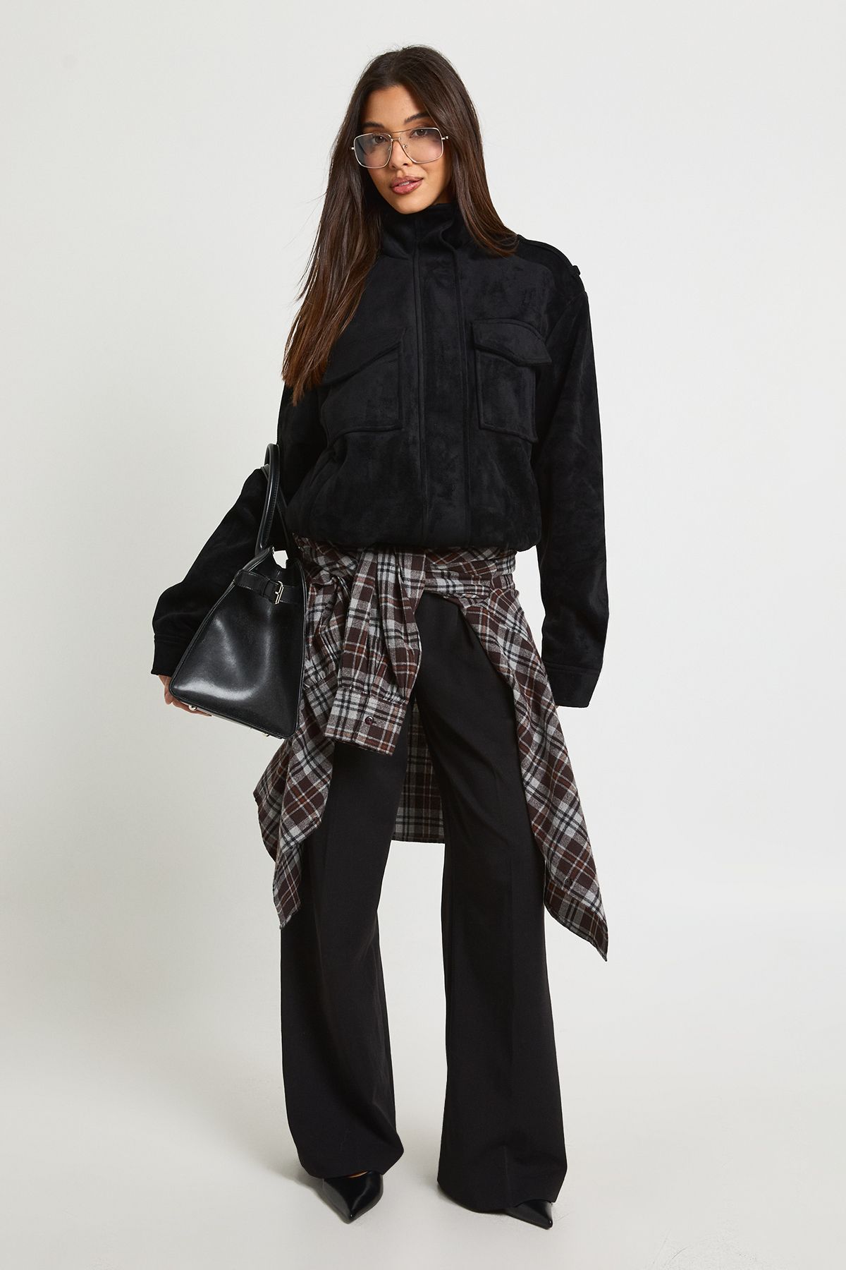 Funnel Neck Faux Suede Pocket Detail Jacket - Image 3