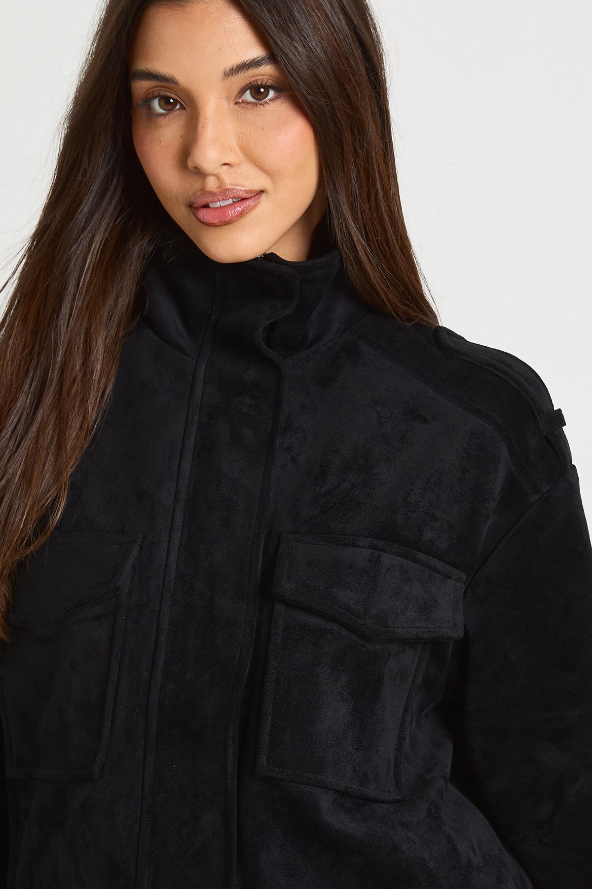 Funnel Neck Faux Suede Pocket Detail Jacket - Image 4