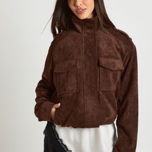 Funnel Neck Faux Suede Pocket Detail Jacket