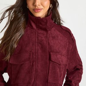 Funnel Neck Faux Suede Pocket Detail Jacket
