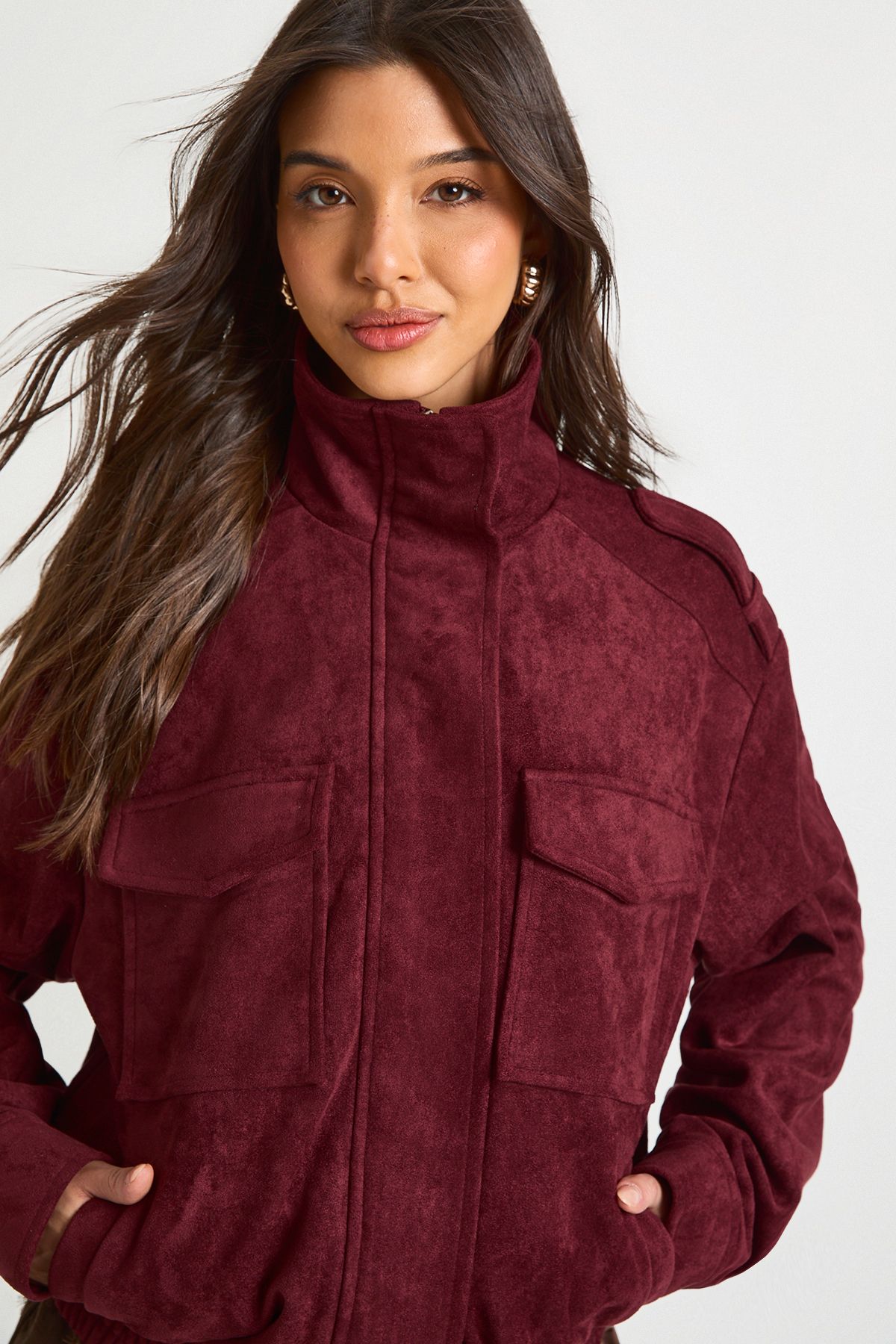 Funnel Neck Faux Suede Pocket Detail Jacket