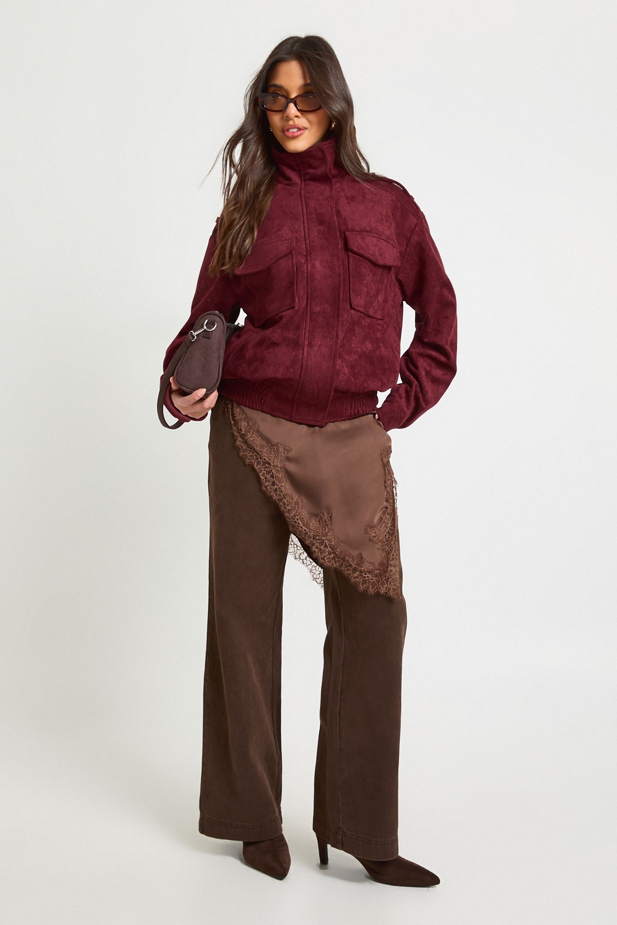 Funnel Neck Faux Suede Pocket Detail Jacket - Image 3