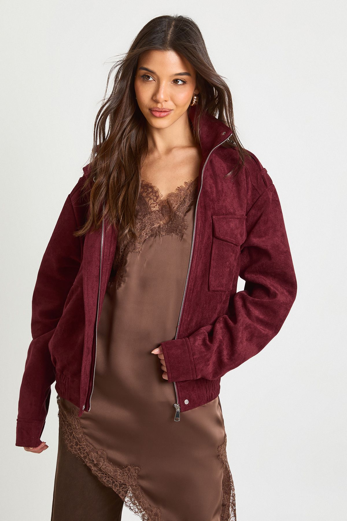 Funnel Neck Faux Suede Pocket Detail Jacket - Image 4