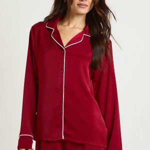 Tall Satin Piping Detail Long Sleeve Shirt & Shorts Pyjama Set