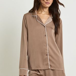 Tall Satin Piping Detail Long Sleeve Shirt & Shorts Pyjama Set