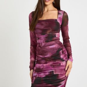 Square Neck Ruched Mesh Midi Bodycon Dress
