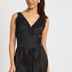 Lace Trim Satin Flippy Short Playsuit