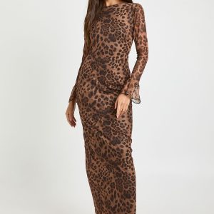 Leopard Mesh Lace Back Maxi Dress