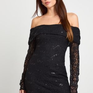 Sequin Lace Bardot Mini Dress