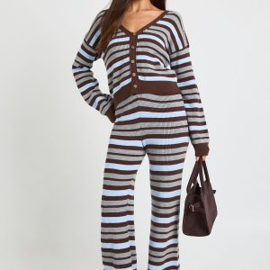 Striped V Neck Knitted Cardigan and Wide Leg Trouser