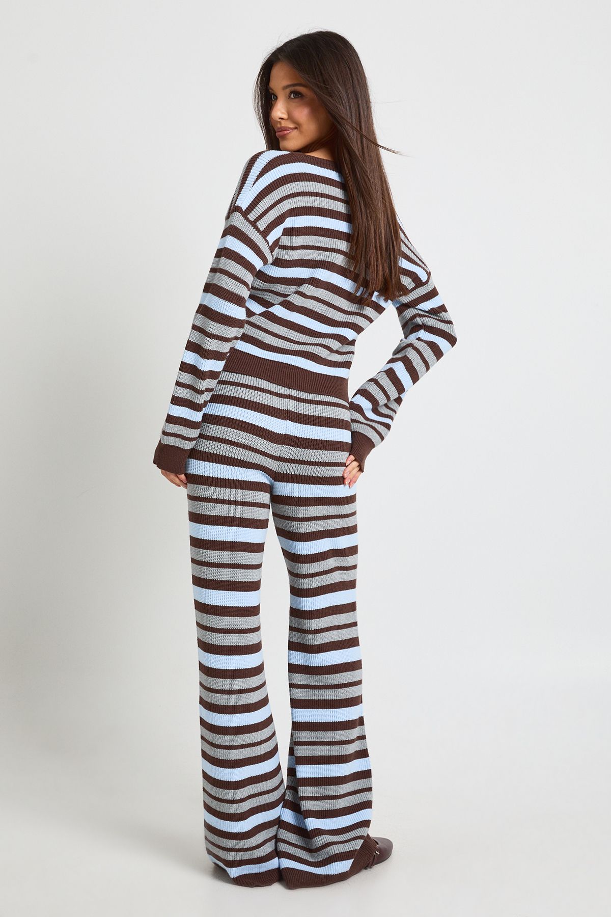 Striped V Neck Knitted Cardigan and Wide Leg Trouser - Image 2