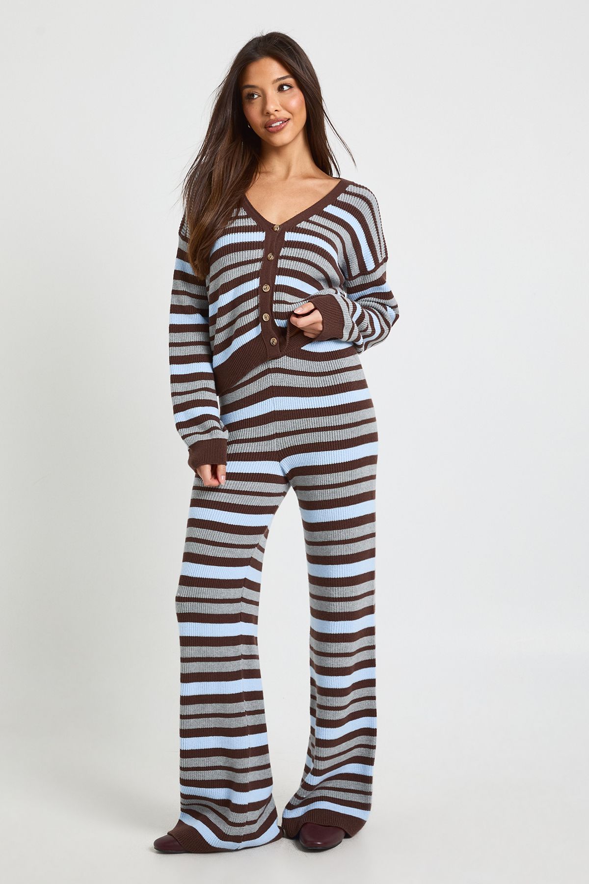 Striped V Neck Knitted Cardigan and Wide Leg Trouser - Image 3