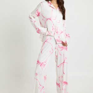 Tall Oversized Bow Print Long Sleeve Top & Trousers Pyjama Set