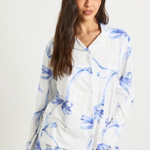 Oversized Bow Print Long Sleeve Shirt & Shorts PJ Set