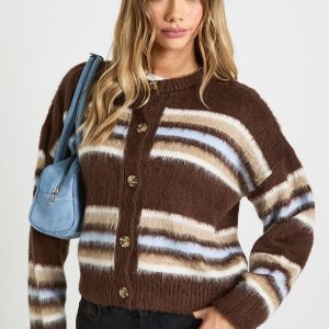 High Neck Super Soft Stripe Knitted Cardigan