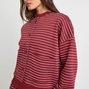 Stripe High Neck Cardigan Sweatshirt