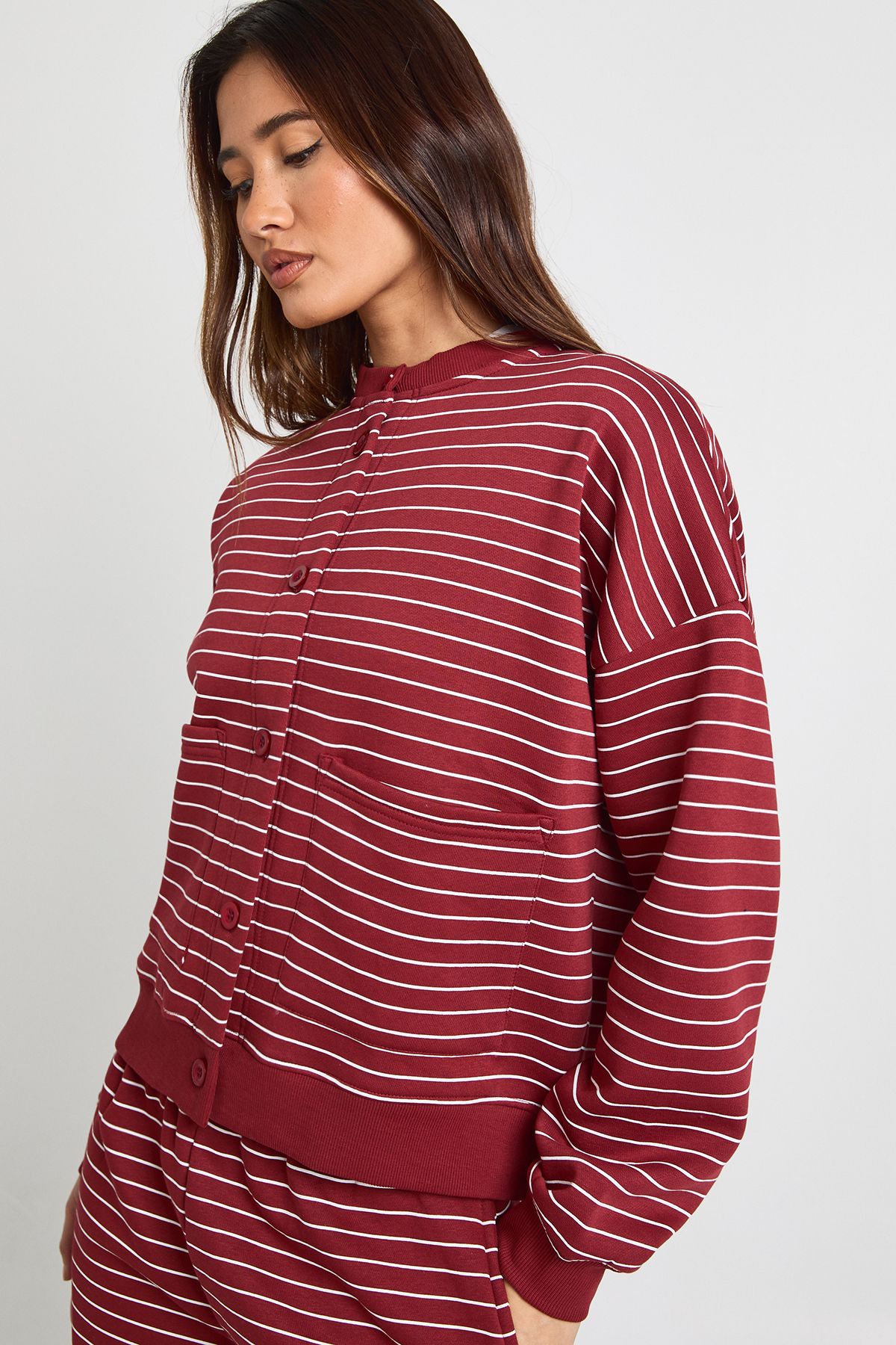 Stripe High Neck Cardigan Sweatshirt