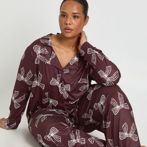 Plus Bow Print Long Sleeve Shirt & Trouser Pyjama Set