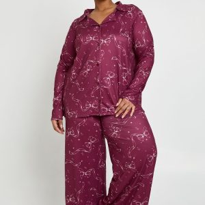 Plus Bow Print Long Sleeve Shirt & Trouser Pyjama Set