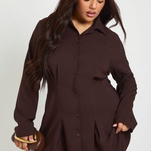 Plus Shoulder Pad Pleated Skirt Shirt Dress