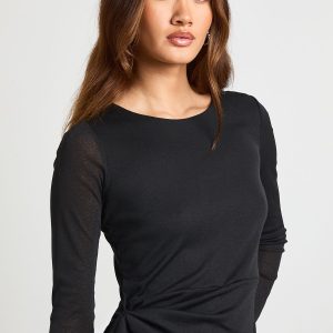 Double Layered Textured Mesh Drape Front Long Sleeve Top
