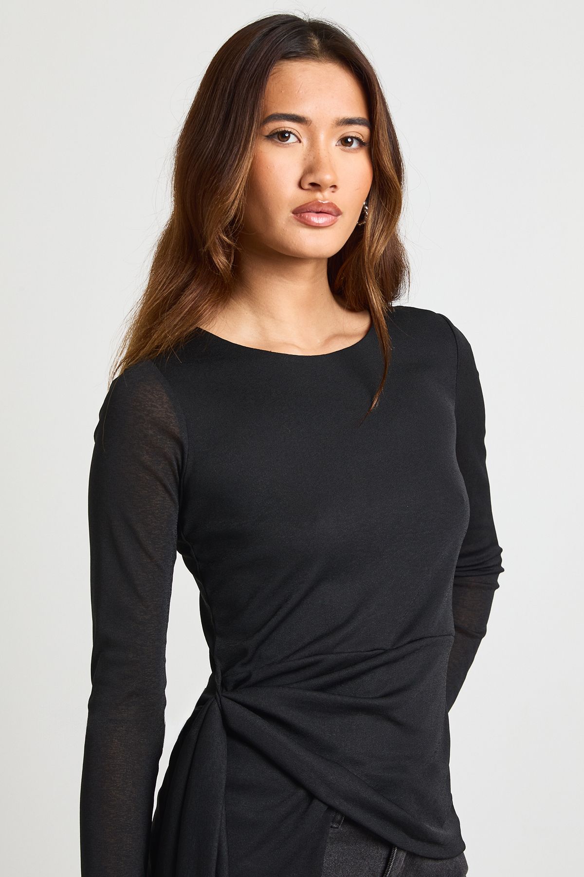 Double Layered Textured Mesh Drape Front Long Sleeve Top