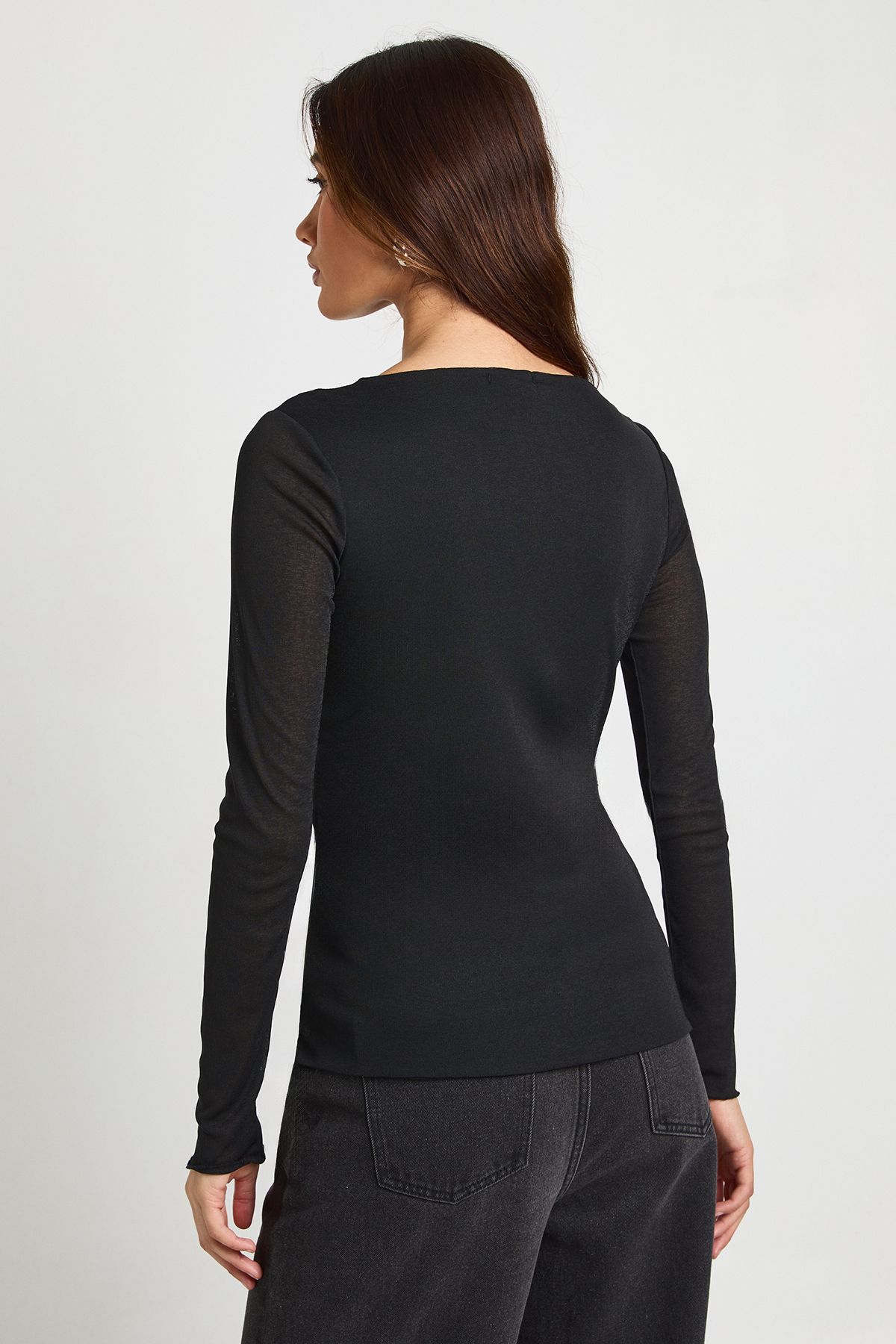 Double Layered Textured Mesh Drape Front Long Sleeve Top - Image 2