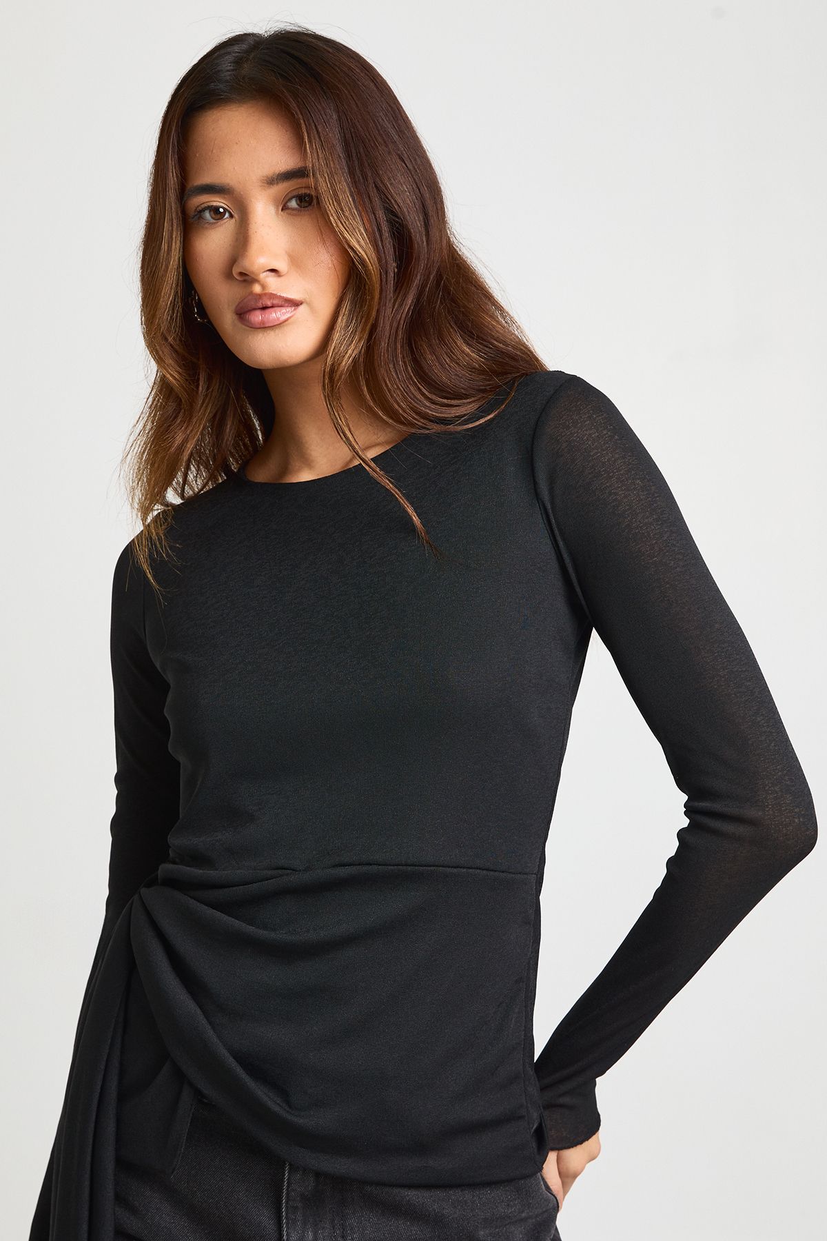 Double Layered Textured Mesh Drape Front Long Sleeve Top - Image 3