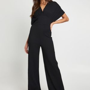 Textured Plunge Batwing Wide Leg Jumpsuit