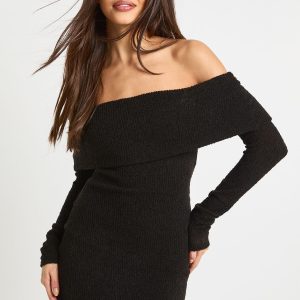 Textured Deep Bardot Mini Dress