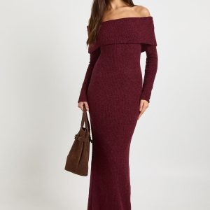 Textured Deep Bardot Maxi Dress