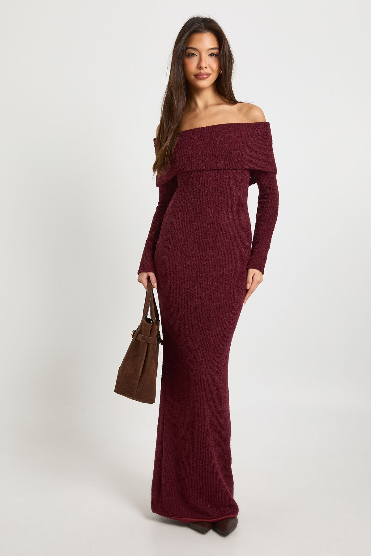 Textured Deep Bardot Maxi Dress