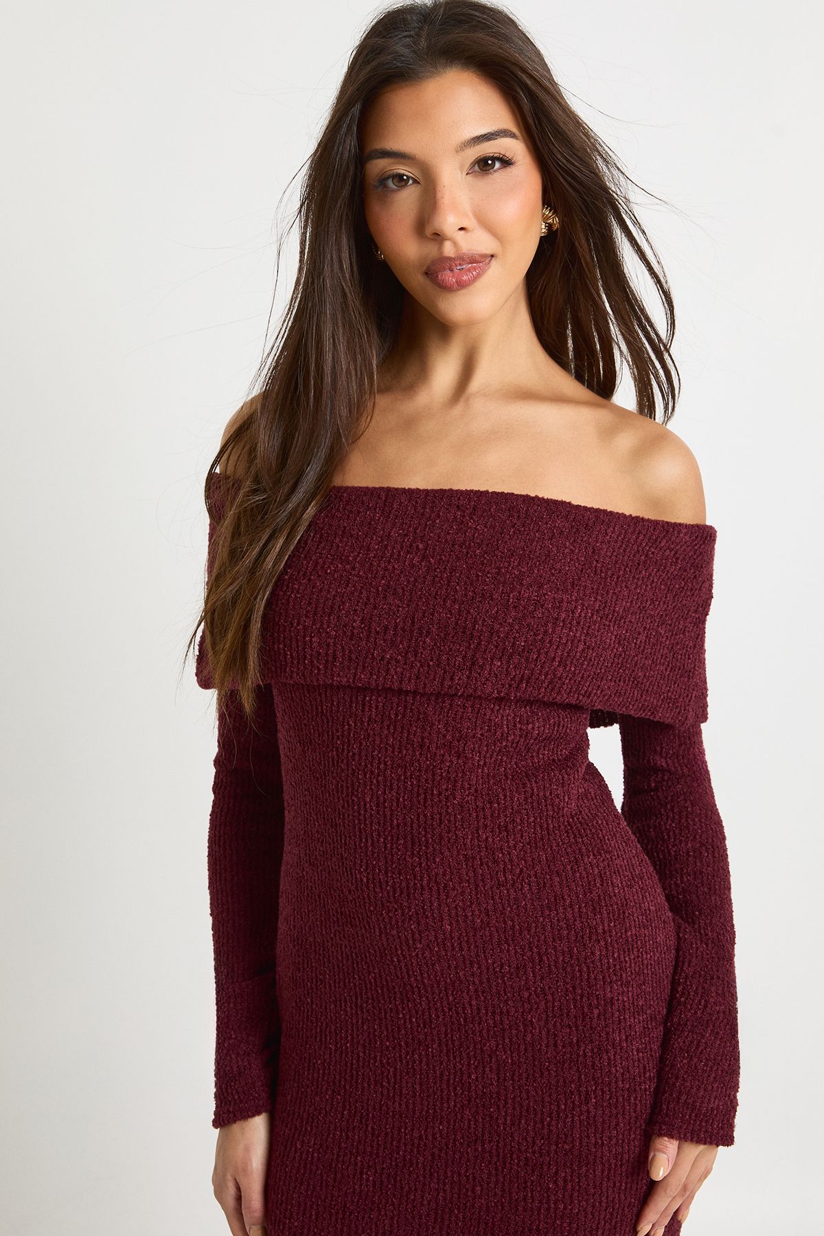 Textured Deep Bardot Maxi Dress - Image 4