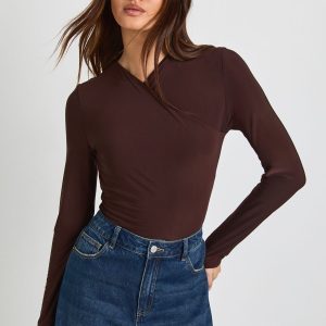 Wrap Front Matte Slinky Long Sleeve Bodysuit