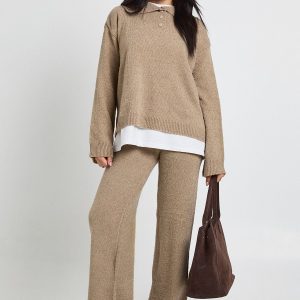 Collared Button Down Oversized Knitted Jumper And Straight Leg Trouser Co-Ord