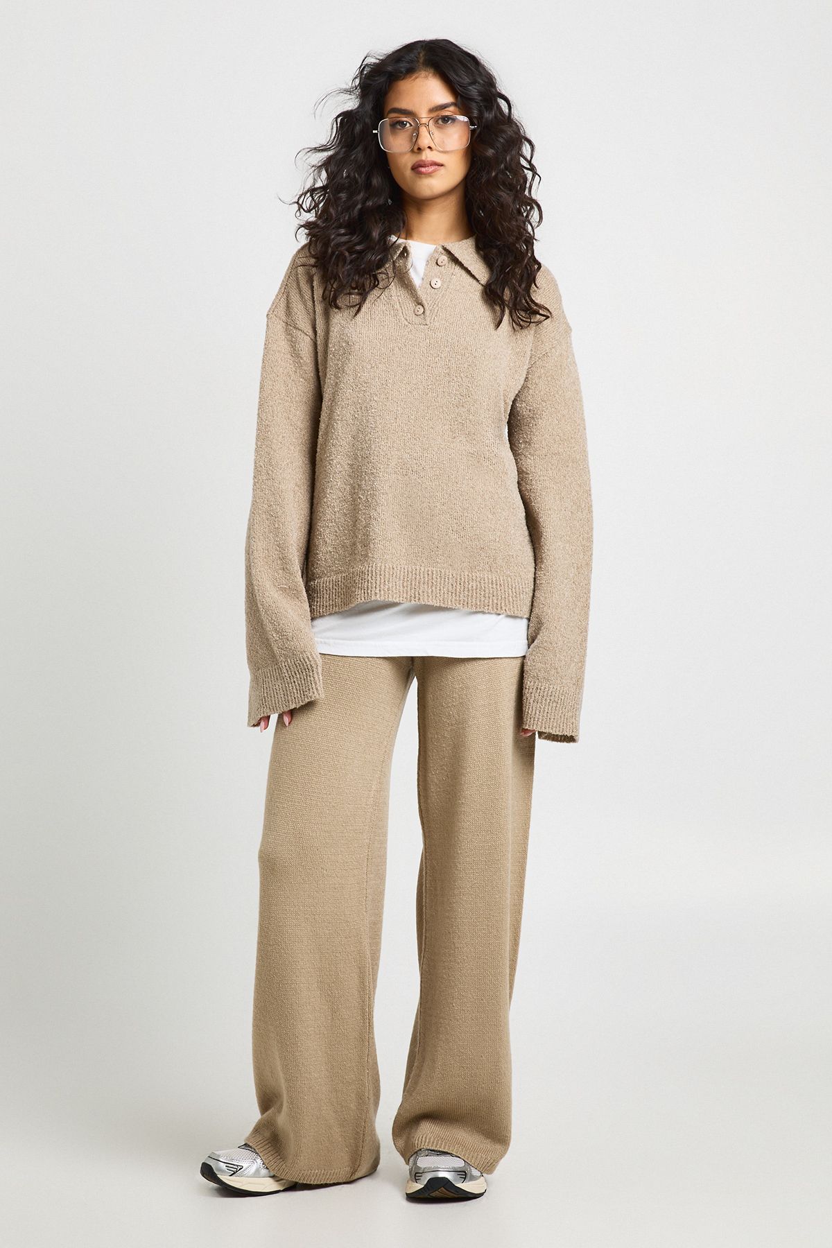 Chunky Knit Collar Detail Oversized Knitted Jumper and Wide Leg Trouser Co-Ord - Image 3