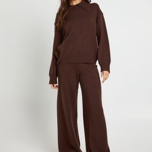 Chunky Knit Collar Detail Oversized Knitted Jumper and Wide Leg Trouser Co-Ord