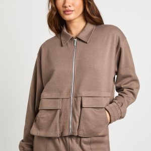 Interlock Cargo Pocket Zip Through Bomber Sweatshirt