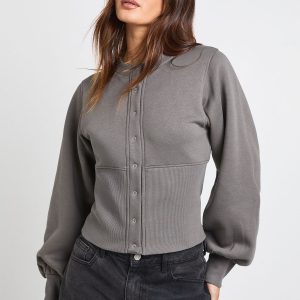 Balloon Sleeve Cinched Waist Popper Sweatshirt